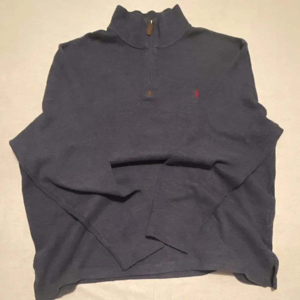 Polo Ralph Lauren Mens XL Blue 1/4 Zip Mock Neck Knit Logo Pullover Sweater